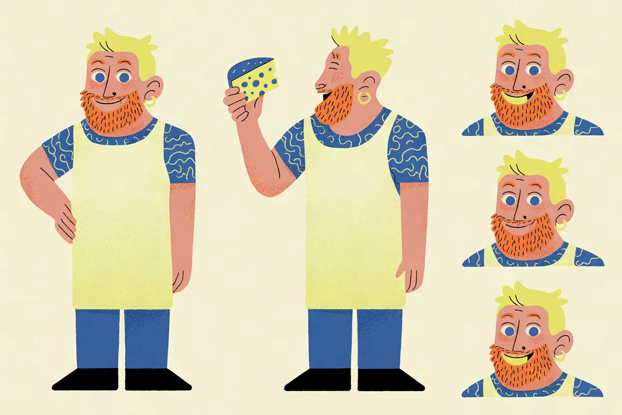 The Funky Gourmet character sheet on a warm cream background: a front view with a hand on his hip, a three-quarter view holding up a cheese wedge, and three head-and-shoulders expressions