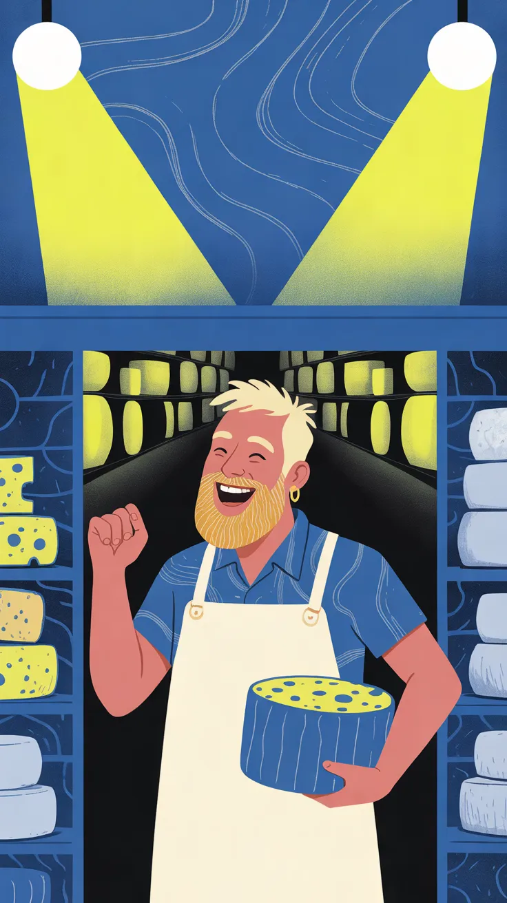 The Funky Gourmet laughing between shelves of cheese wheels under yellow spotlights, a big wheel of blue cheese under one arm and a fist raised